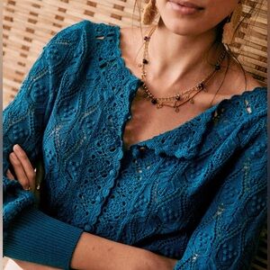 Sezane Anika Cardigan - wide neckline, peacock blue; cotton crochet - Size M
